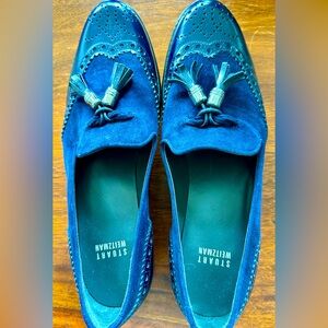 Stuart Weitzman women's blue suede and leather wingtip loafers size 8.5